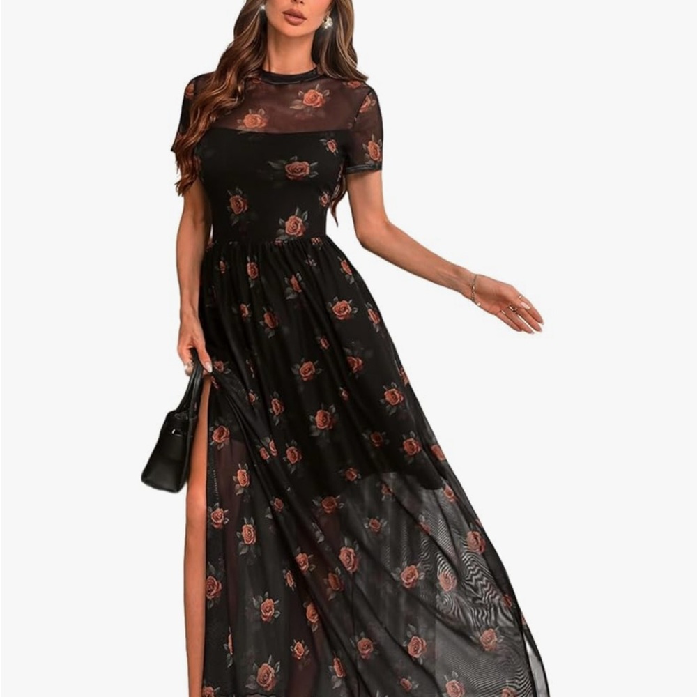 Sheer Floral Maxi Dress with Side Slit - Black with Rose Print